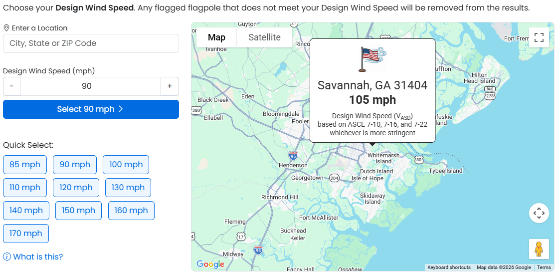 Flagpole Finder Design Wind Speed step